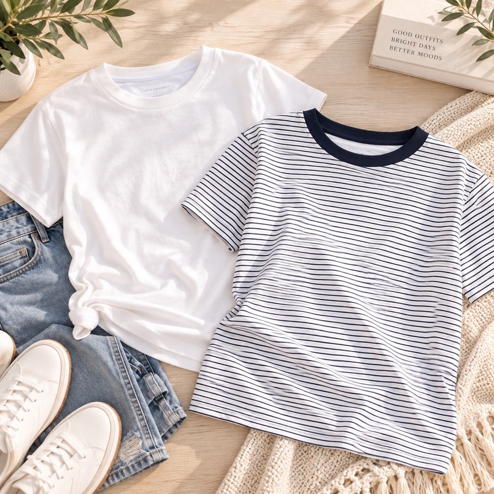 Free Assembly Women 2PK Boxy Organic Cotton Tee White Striped Size S 4-6